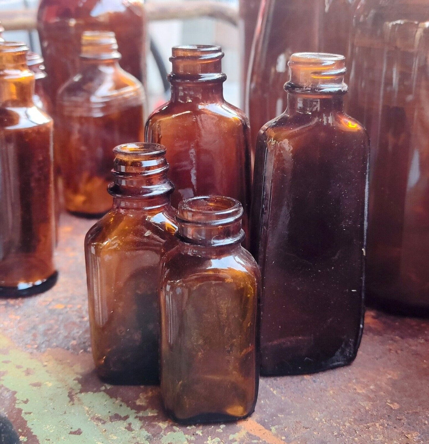 21 Vtg Brown Amber Glass Bottle Collection including Apothecary, Clorox Jars Med