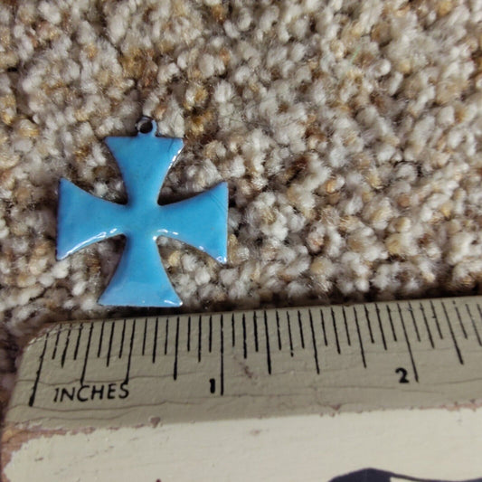 Vintage Turquoise And Metal Maltese Jerusalem Iron Cross Pendant Charm Archival