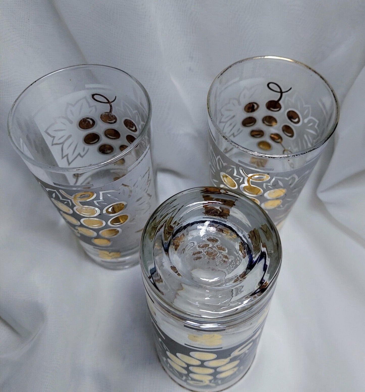 Set of 3 VTG Anchor Hocking? Frosted Gold Grapes and Ivy High Ball Bar Glasses