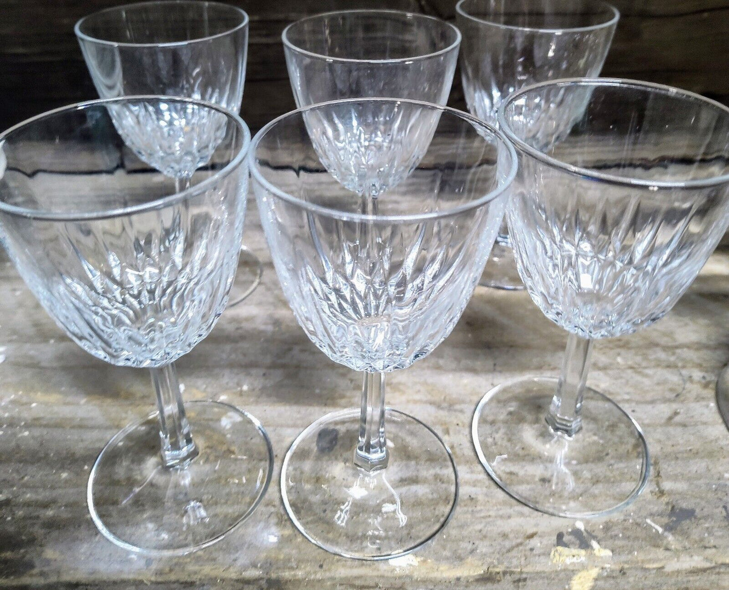 Set Of 6 Vintage Starburst Diamond Cut Wine Glasses Circa 70's Crystal Snowflake