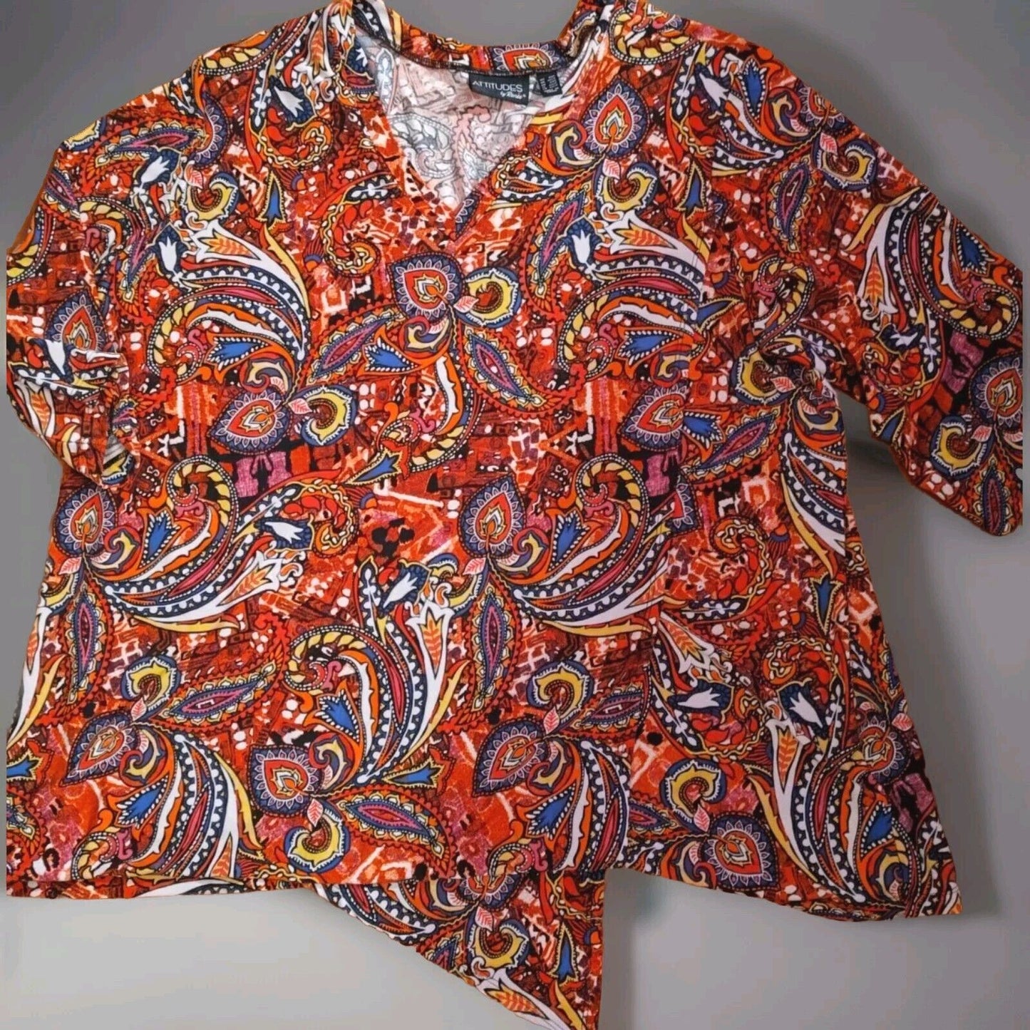 Attitudes By Renee  2XLP Long Sleeve Asymmetric Beachy Multicolor Tunic Blouse