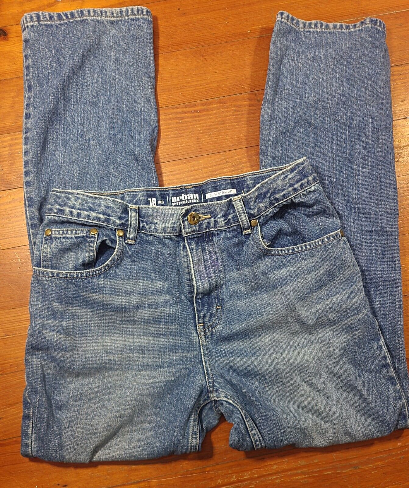 Urban Pipeline Slim Straight Blue Jeans Boys Size 18 Adjustable Waist Denim GC