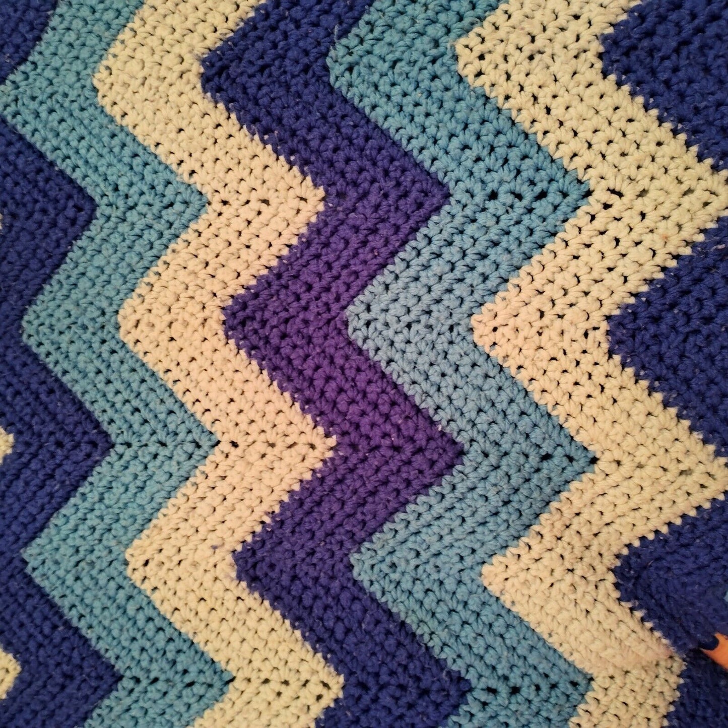 Vintage Handmade Ombré Chevron Blue Knitted Crochet Afghan Blanket Throw 36"x66"