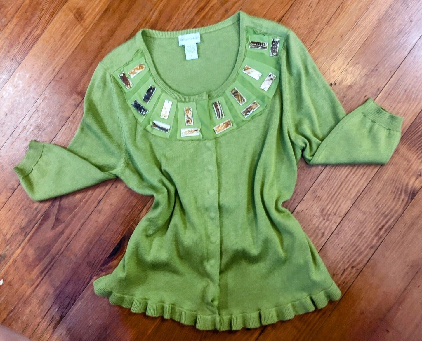 Soft Surroundings Cardigan Sweater Womens Size L Green Buttons Long Sleeve Light