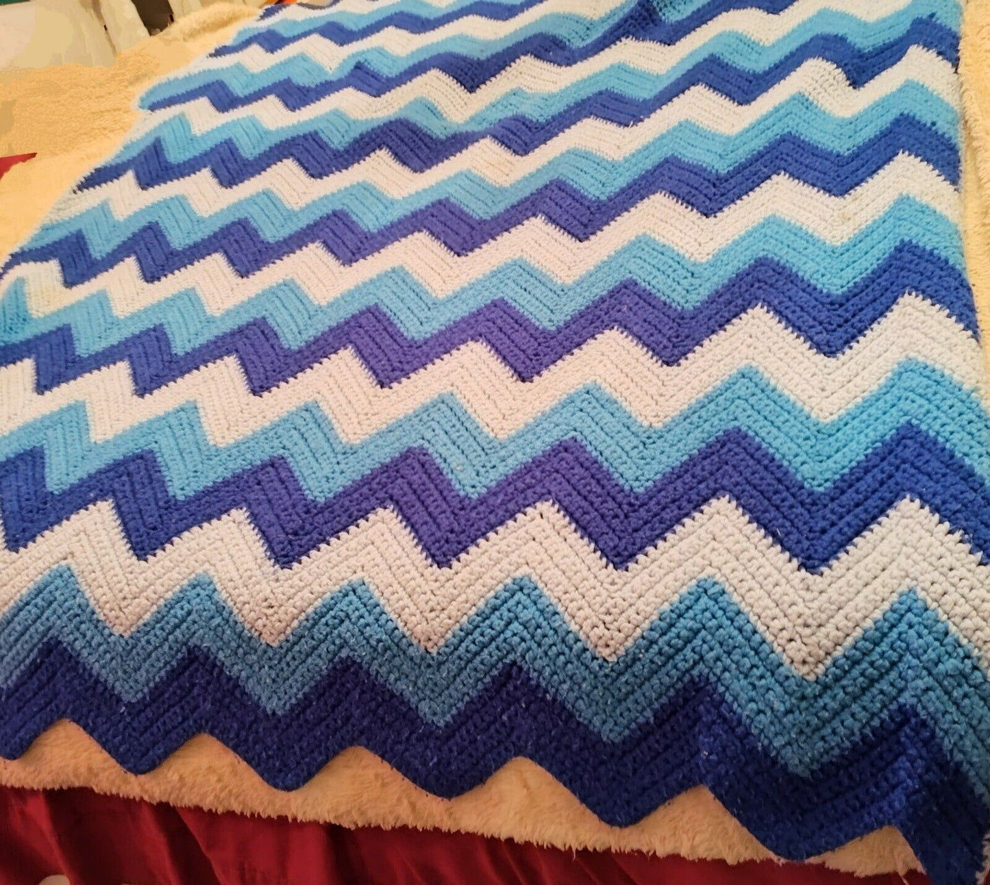 Vintage Handmade Ombré Chevron Blue Knitted Crochet Afghan Blanket Throw 36"x66"