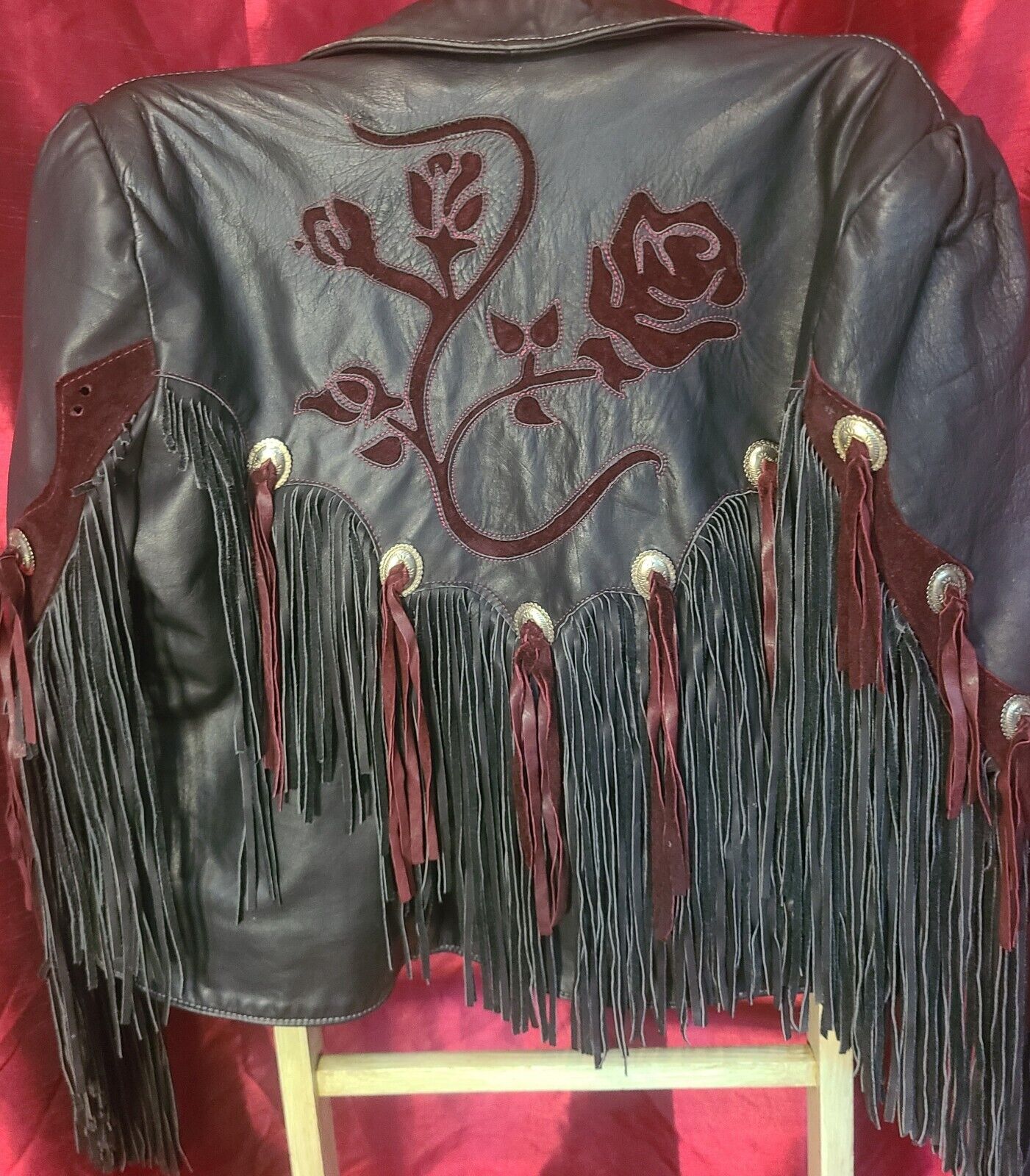 Dallas Premium VTG Leather Fringe Conch Rose Jacket Full Zip Western Biker Sz 16