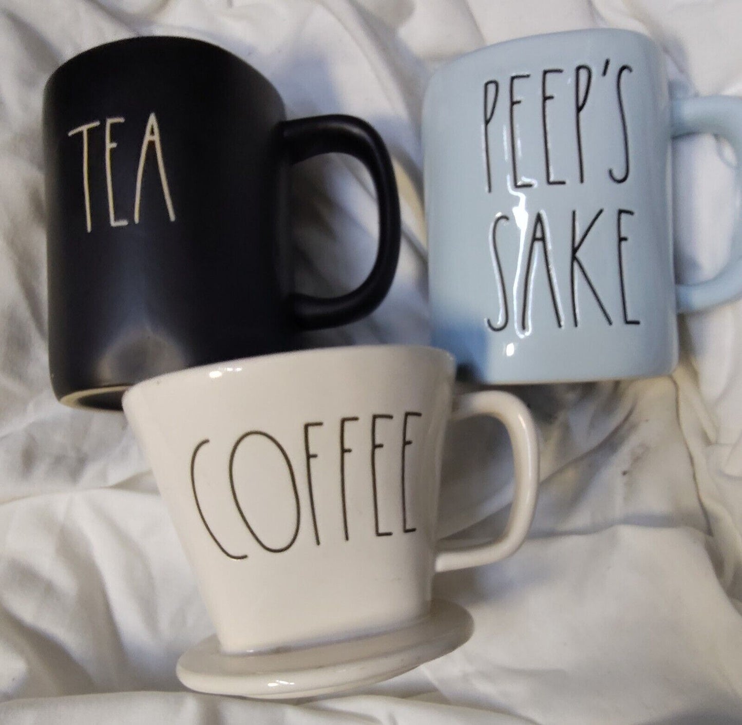 Rae Dunn White Coffee Drip Filter Mug Topper With 2 Mugs 'peeps Sake' And 'tea'