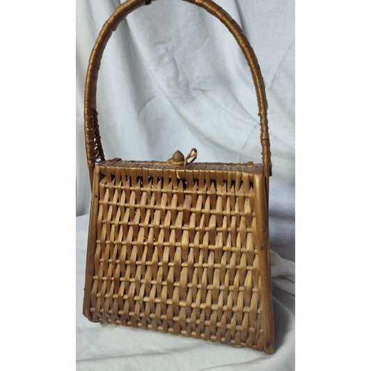 Vintage 60s 70s Woven Rattan Straw Basket Bag Beach Hippie Bohhemian Cottagecore