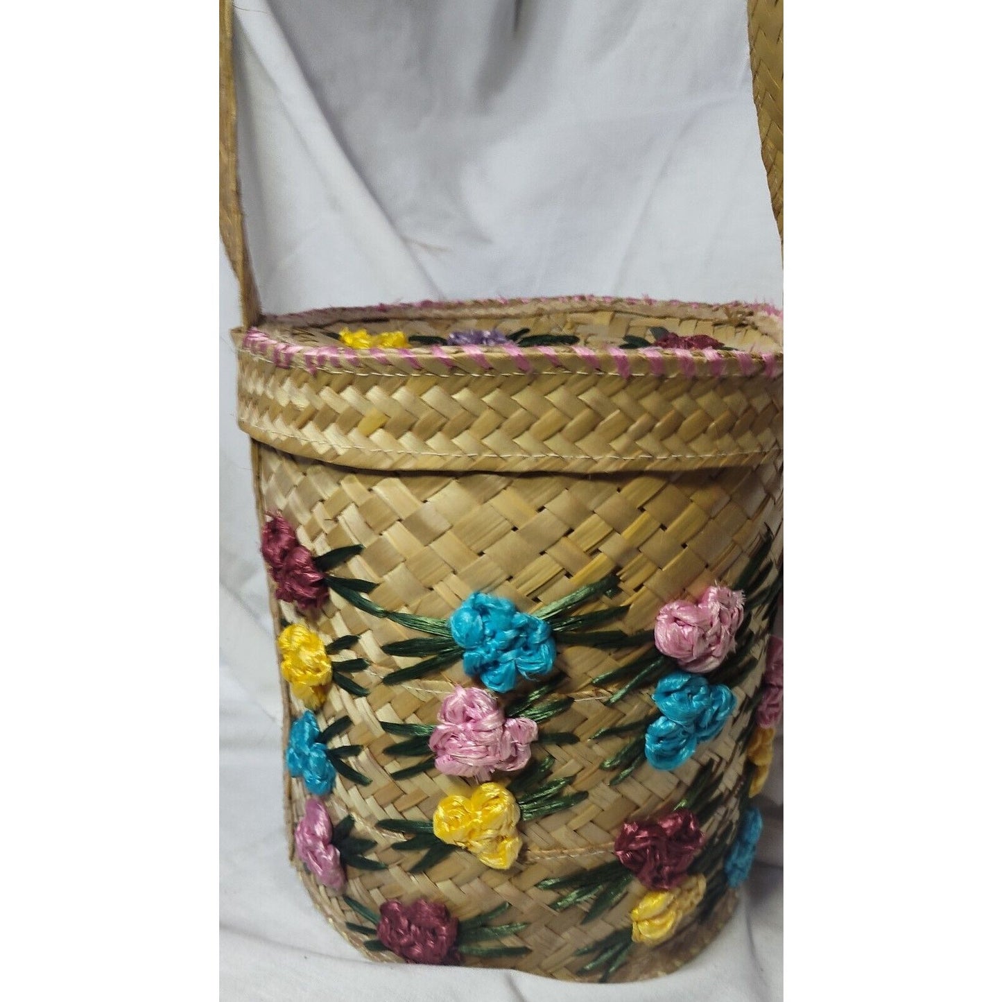 Vintage 1950s Woven Straw Raffia Floral Bucket Bag Purse Beach Picnic Tote MCM