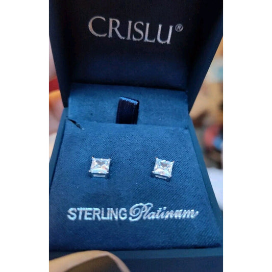 Authentic Crislu Classic Princess Cut Stud Earrings, Platinum Silver - 2.5 ct.