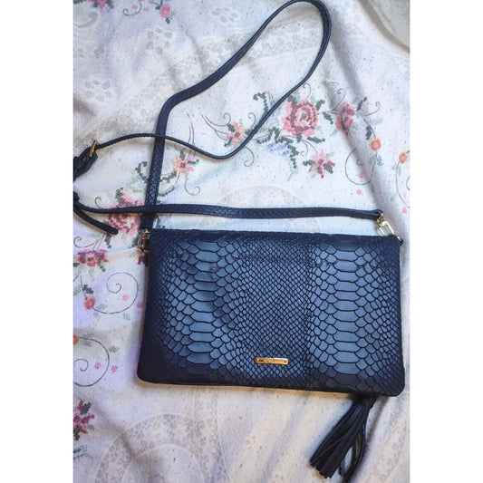 Gigi New York Leather Convertible Rachel Bag Python Embossed Navy Blue Foldover