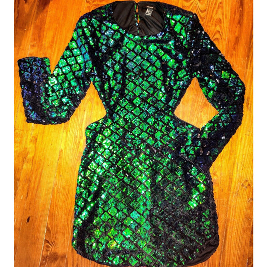 FOREVER 21 Sz LG Sequin Dress Iridescent Cut Out Hollow Out-formal Color Shift