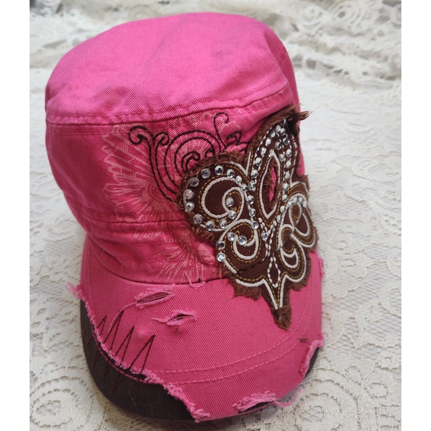 Leader of Generation Apparel LOGA Hot Pink Fleur De Lis Distressed Cap Bling