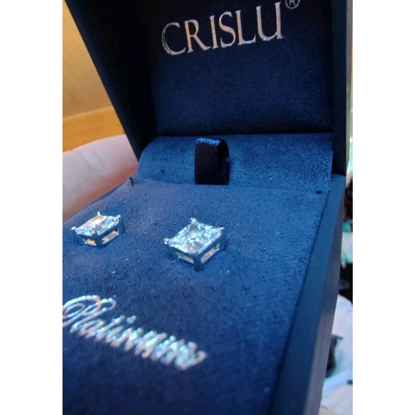 Authentic Crislu Classic Princess Cut Stud Earrings, Platinum Silver - 2.5 ct.