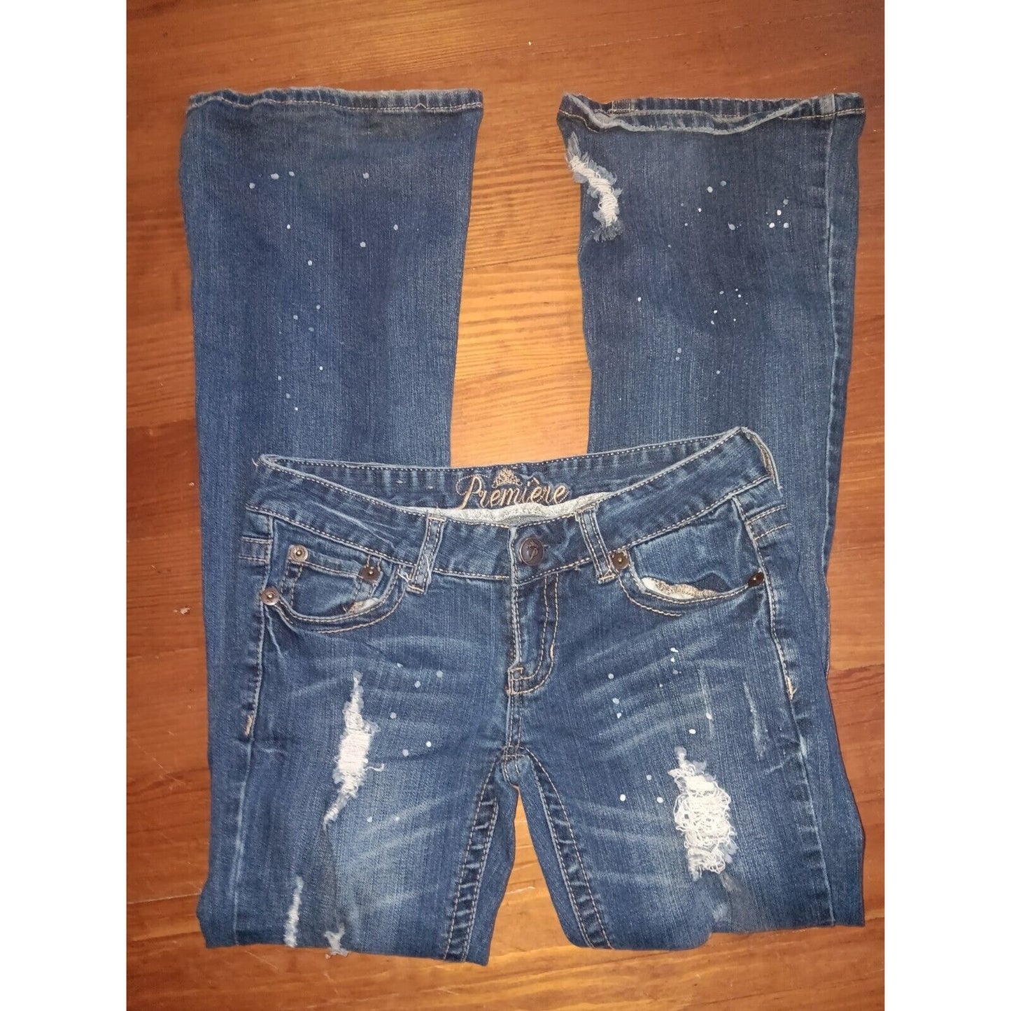 Sz 7 PREMIERE RUE 21 Y2K FLARE Dark Jeans Destroyed 00S Low Rise Distressed Vtg