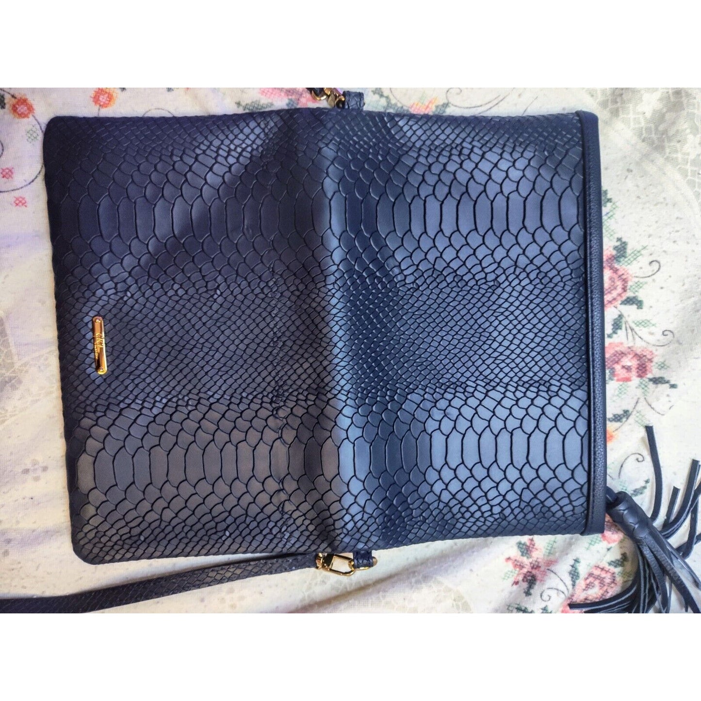 Gigi New York Leather Convertible Rachel Bag Python Embossed Navy Blue Foldover