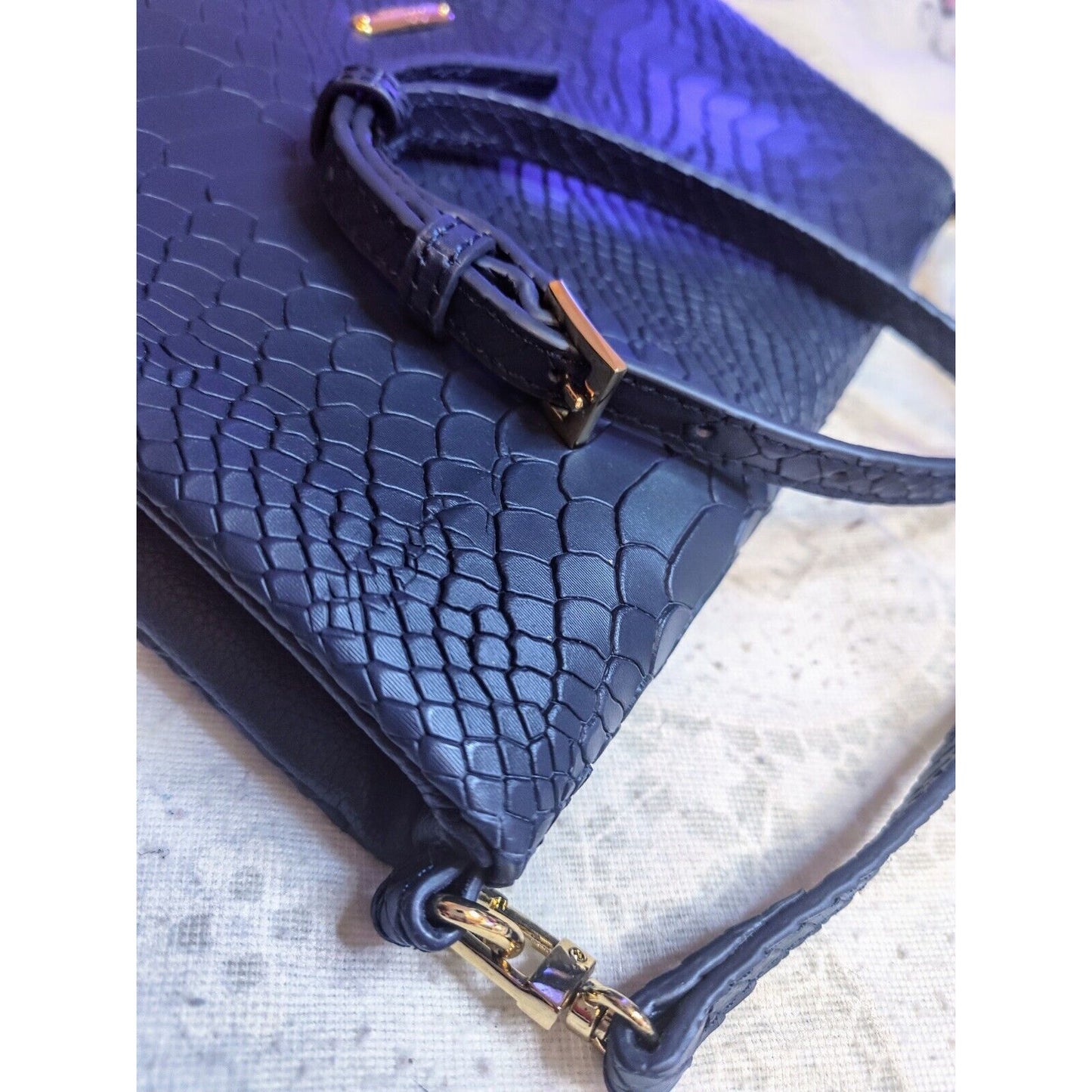 Gigi New York Leather Convertible Rachel Bag Python Embossed Navy Blue Foldover